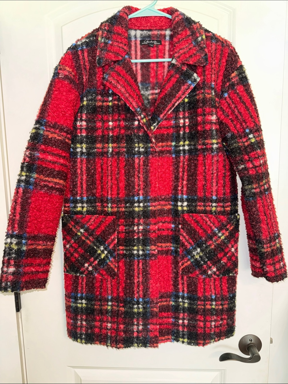 CHARLIE B Red Plaid Bouclé Pea Coat
